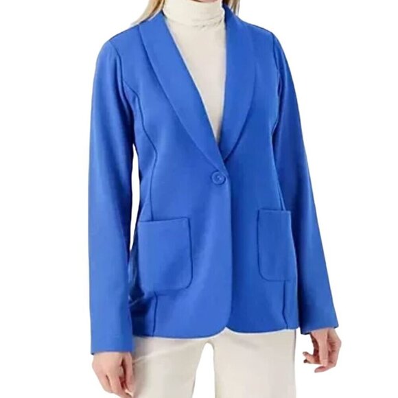 Susan Graver Weekend Marina Knit Cotton Blend Blue Blazer One Button Size M - Picture 1 of 14
